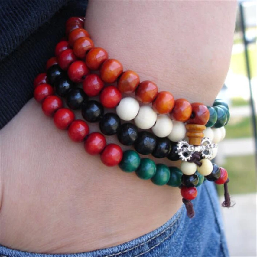 

6MM Multi-color sandalwood beads Mala Bracelet cuff Sutra Handmade Meditation MONK Wristband energy yoga Tassel Unisex Healing