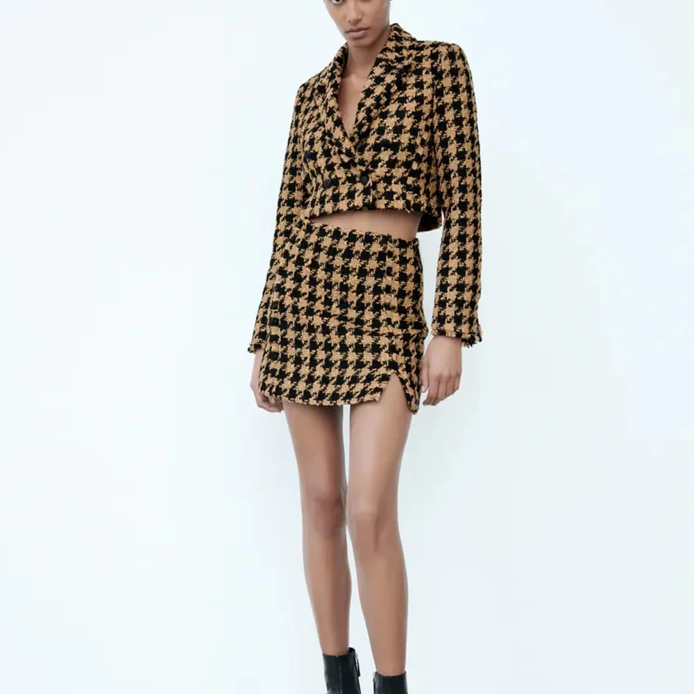 xikom 2021 Tweed Summer Women Two-piece Set Vintage Plaid long Sleeve short Blazer coat Female Slim High Waist Skirt Suits