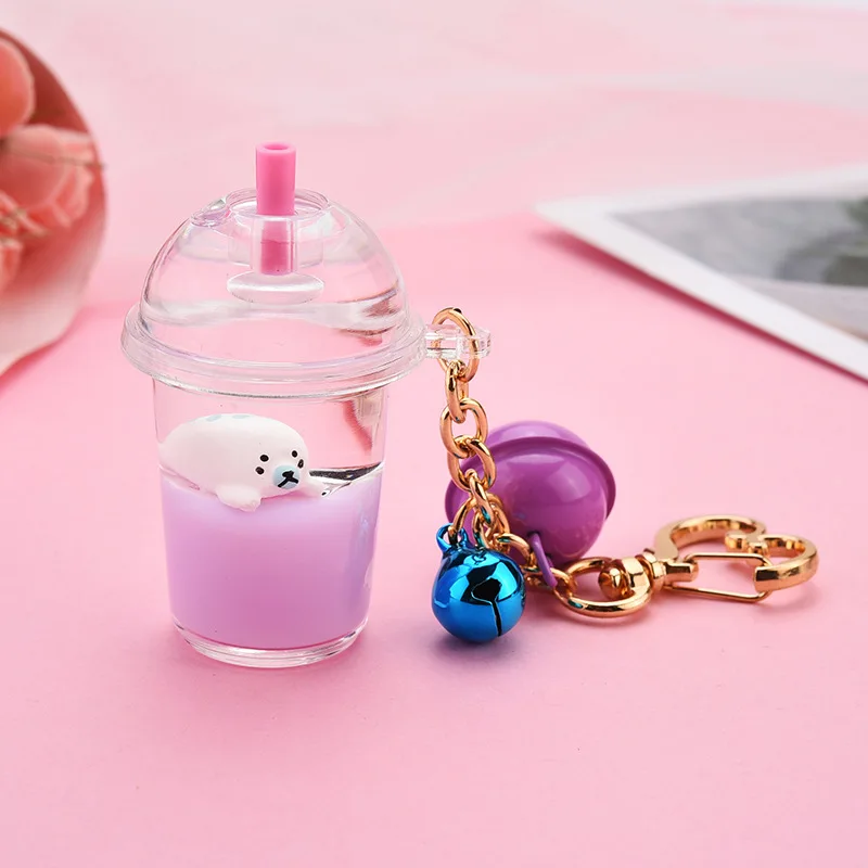 Acrylic Milk Bottle Keyring Milk Tea Cup Keychain Marine Animal Liquid Floating Key Chains Charm Bag Pendant Car Key Ring