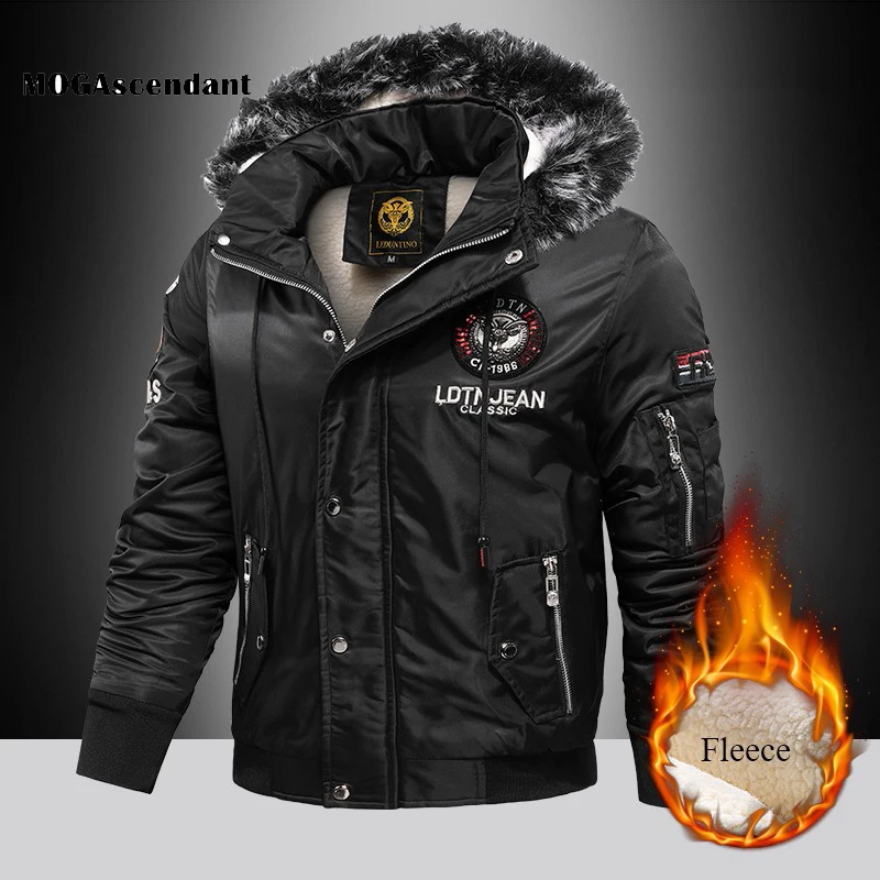 Men's Thick Military Bomber Winter Jackets Hooded Solid  Wool Fleece Liner Outwear Coat Casual Warm and Windproof Jacket for Men