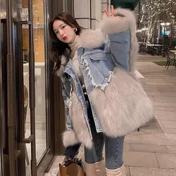 Light Luxury Faux Fox Fur Jacket Autumn Winter Warm Denim Patchwork Fur Women Coats New Fashion Loose Jean Parkas