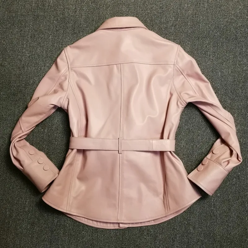 New Women Natural Sheepskin Jacket Pockets Belted Slim Fit Genuine Leather Jacket Kawaii Pink Windbreaker Real Leather Coat