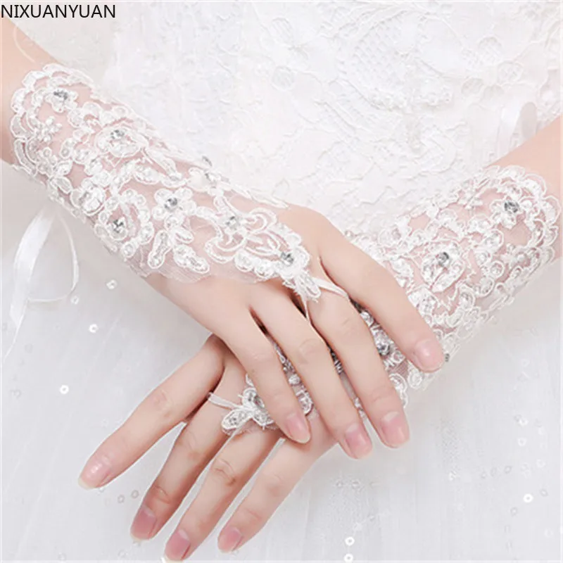 Gants de mariée sans doigts pour femmes, élégant, paragraphe court, strass, dentelle blanche, accessoires de mariage