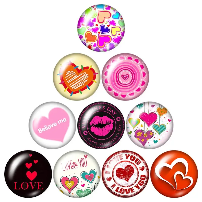 Love Heart Valentine\'s Day 18mm snap buttons 10pcs mixed round photo glass cabochon style for snap button jewelry