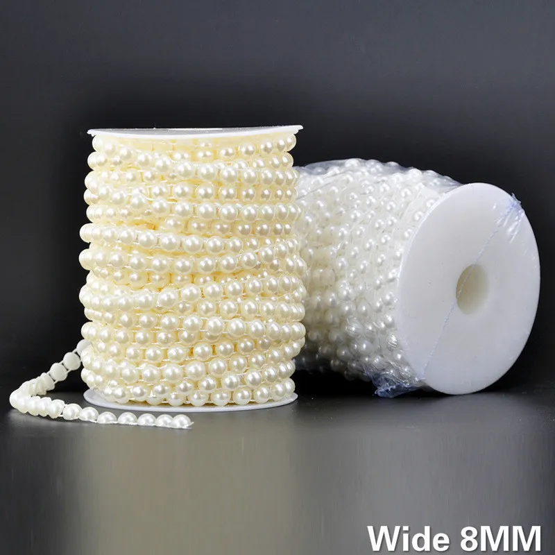 8MM Wide White Beige Half Round Pearls Chain Beads Lace Ribbon Embroidery DIY Crafts Christmas Wedding Headwear Home Decoration