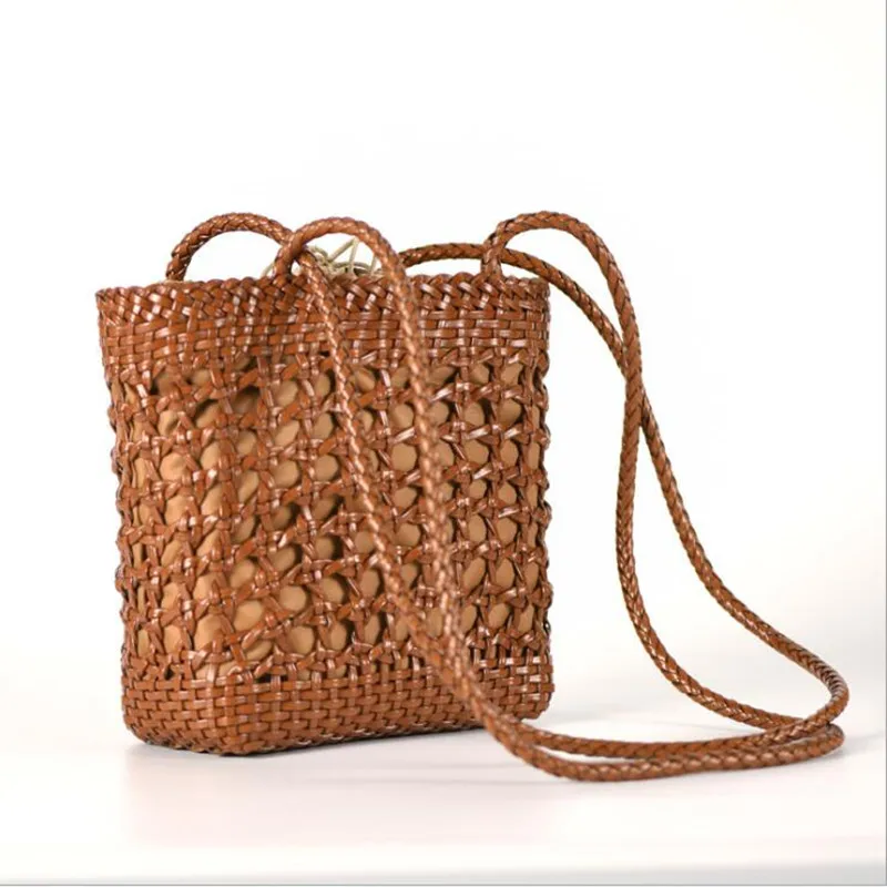 2024 spring and summer new leather hand-woven bag, hollow cross-body female bag,Girls Hollow Beach Tote Handbag