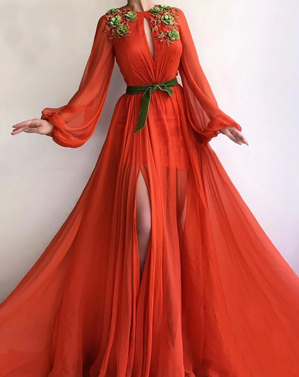 

New Muslim Evening Dresses Flowers Lace High Slit Chiffon Islamic Dubai Kaftan Saudi Arabic Long Sleeve Evening Gown Prom Dress