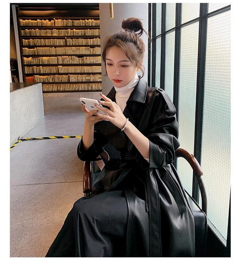 Nerazzurri Spring Black Oversized Long Waterproof Leather Trench Coat for Women 2021 Long Sleeve Loose Korean Fashion Clothing