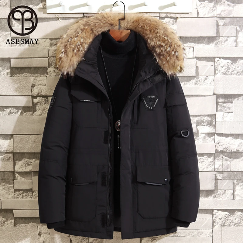 Asesmay Brand Clothing Men Down Jacket Thicken Casual Winter Men\'s Parkas Coat With Fur Hooded Long Down Coats Fashion Outerwear