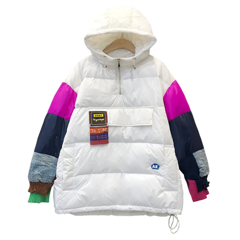 2021 Winter Jacket Women Fashion Patchwork Hooded Down Jackets Thick Warm Parkas High Quality Loose Pullover Cotton Coat Female