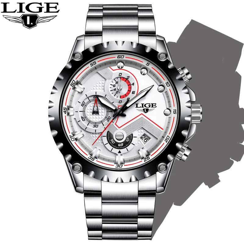 2023 LIGE Fashion Silver Mens Watch Top Brand Luxury Full Steel 30M Waterproof Watch Men Quartz Clock Business Watch Chronograph