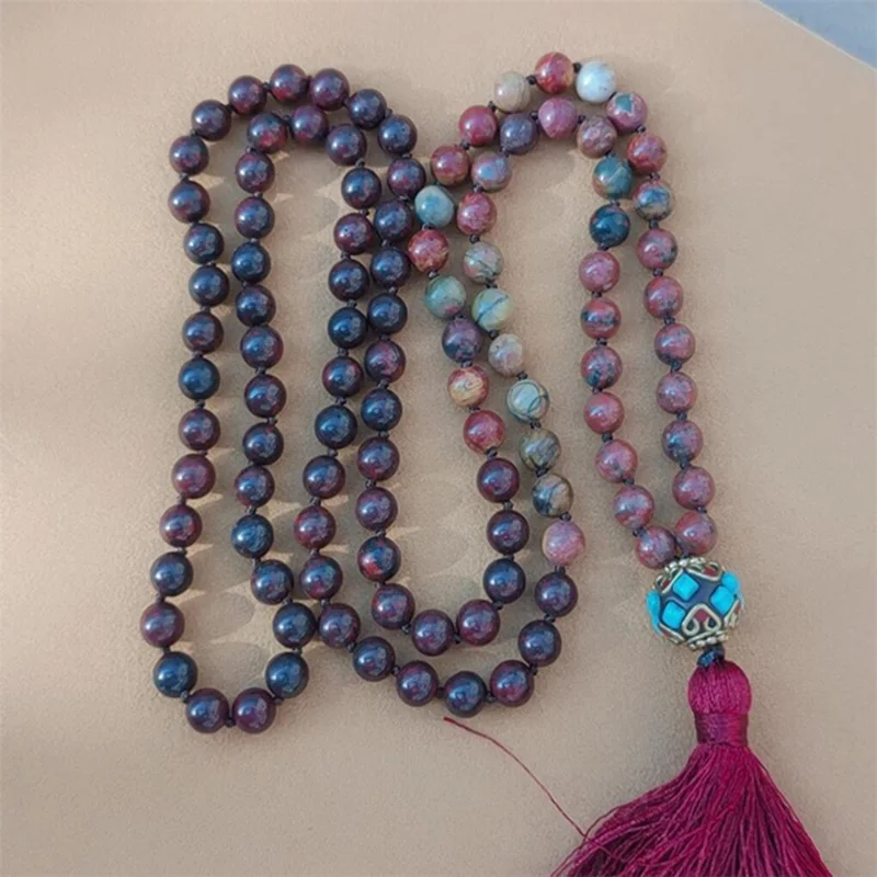 

8mm Rhodochrosite 108 Beads Tassel Knotted Necklace Healing Lucky Chakra Yoga Mala Yoga Buddhist Prayer Mala Stress Meditation