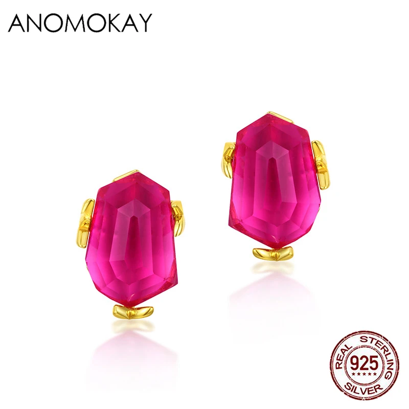 Anomokay Classic Romantic Geometric Rose Red Topaz Gold Color Drop Earrings for Women Girl Fashion 925 Silver Earring Jewelry