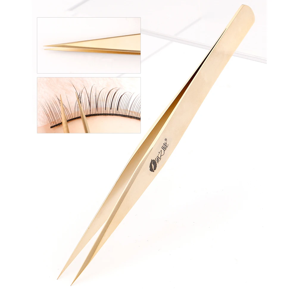 Golden eyelashes tweezers Super Precision Premium Stainless  steel Eyebrow Tweezer for Eyelashes Extension Eye Makeup Tools