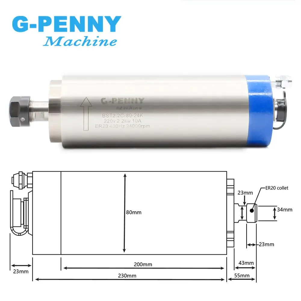 Imagem -02 - G-penny-água de Refrigeração Spindle Kit Cnc Motor Freqüência Drive 80 mm Suporte 75w Bomba Pinças 110v 220v 80*230 2.2kw