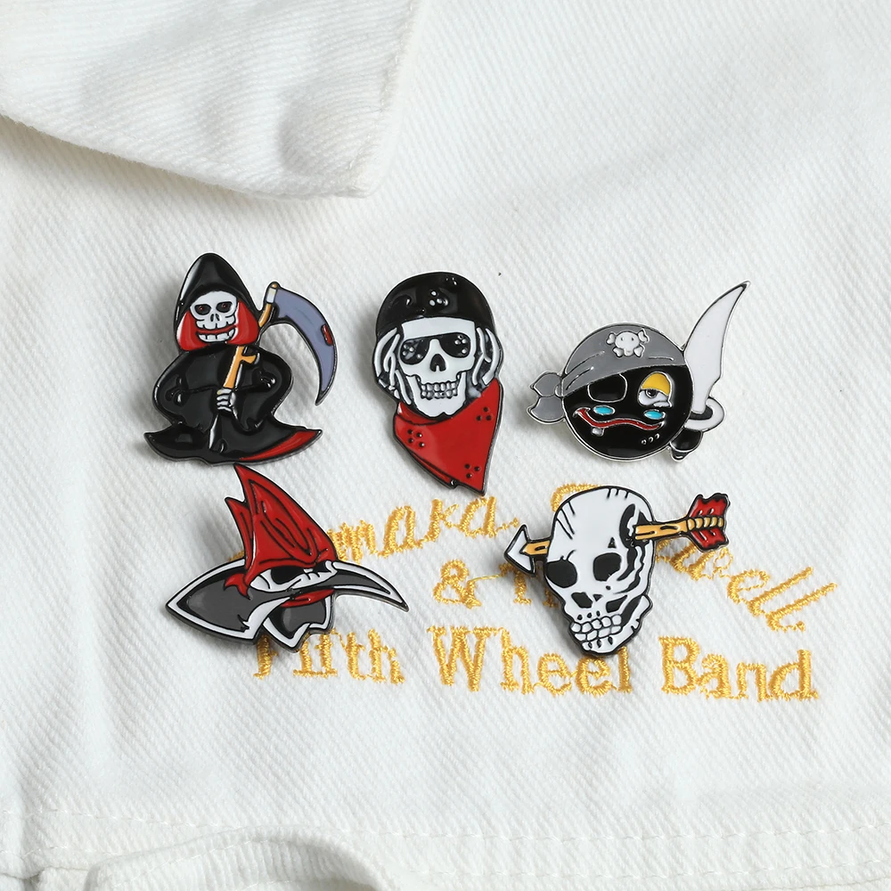 Funny Punk Skeleton Enamel Pin Pirate Sickle Red Scarf Skull Ghost Badge Brooch Backpack Clothes Lapel Pin Cool Fashion Jewelry