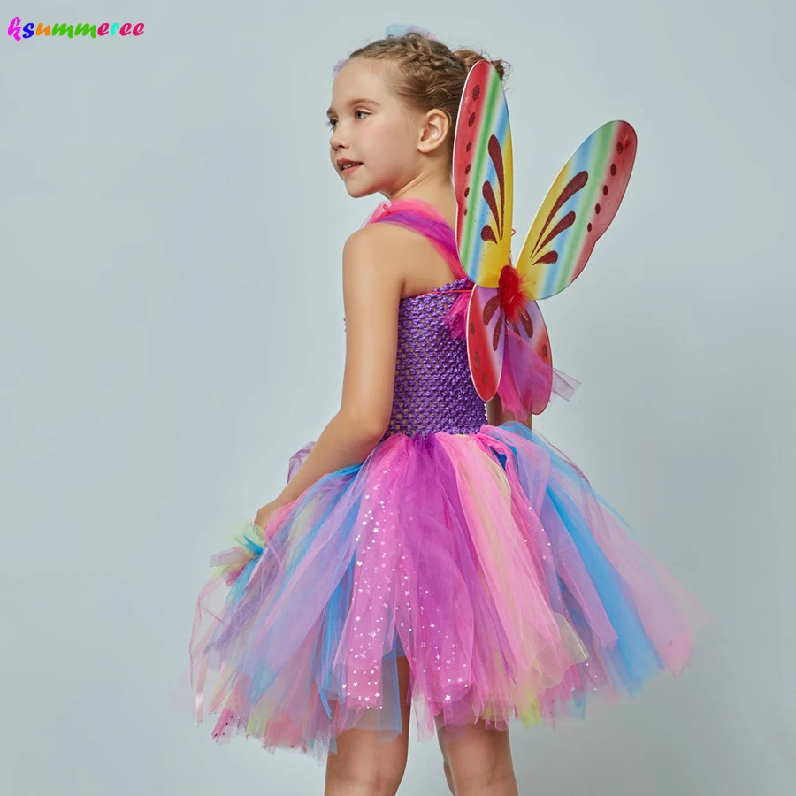Girls Glitter Tutu Dress with Butterfly Wings & Fairy Wand Kids Rainbow Fairy Party Cosplay Costume Girls Rainbow Tulle Dress image 4