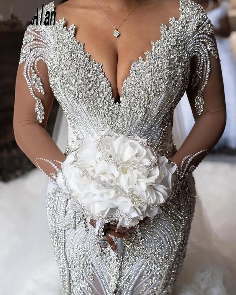 

Luxury Mermaid Arabic Dubai Wedding Dresses V-neck Long Train Tulle Beaded Sequins Crystal Women Bride Gowns 2024 Custom Size