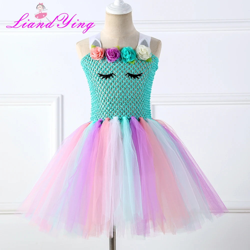 

Girls Pastel Flower Tutu Dress Kids Crochet Tulle Strap Dress Ball Gown with Ribbons Children Party Costume Dress