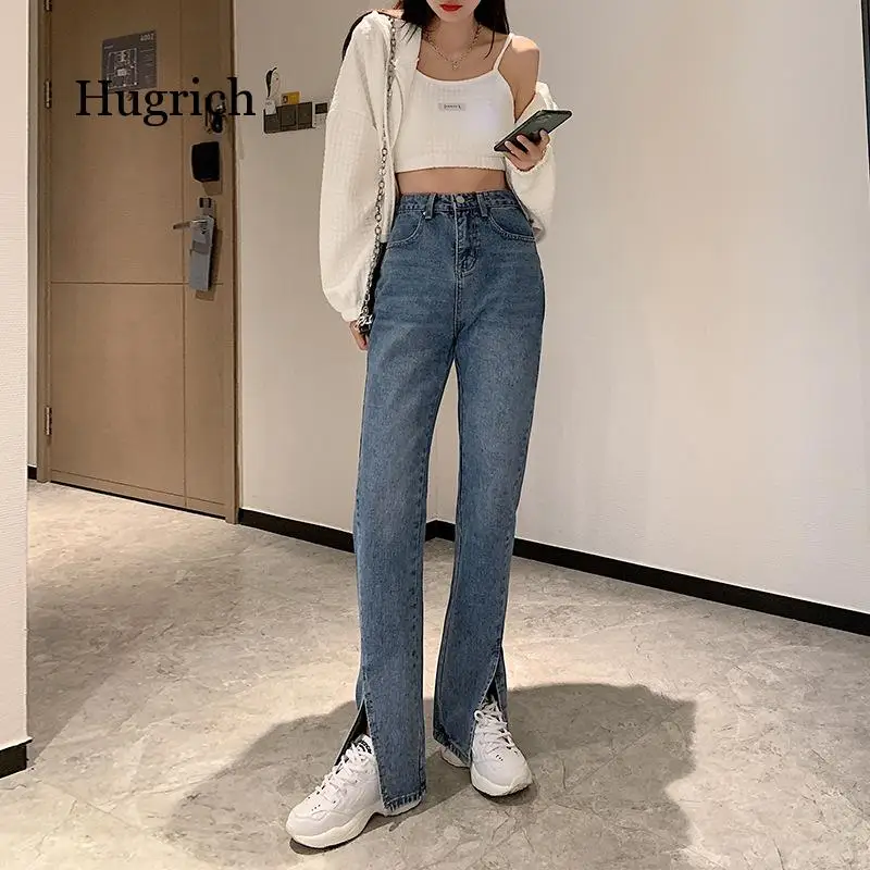 Flare Jeans Women Denim Pants High Waisted Slit Leg Vintage Streetwear Bell Bottom Fashion Clothes Cut Out Full Length 2021