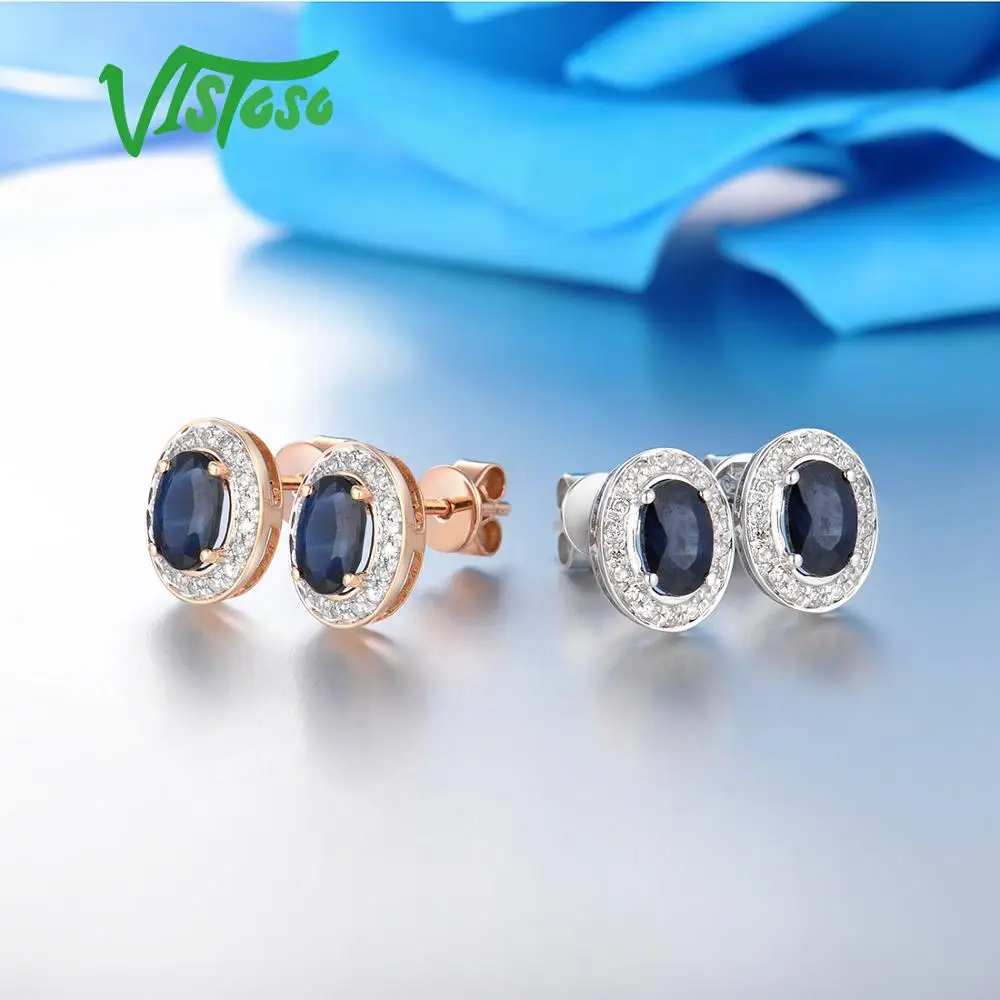 VISTOSO Pure 14K 585 Rose/White Gold Earrings Stud For Women Elegant Blue Sapphire Sparkling Diamond Unique Trendy Fine Jewelry