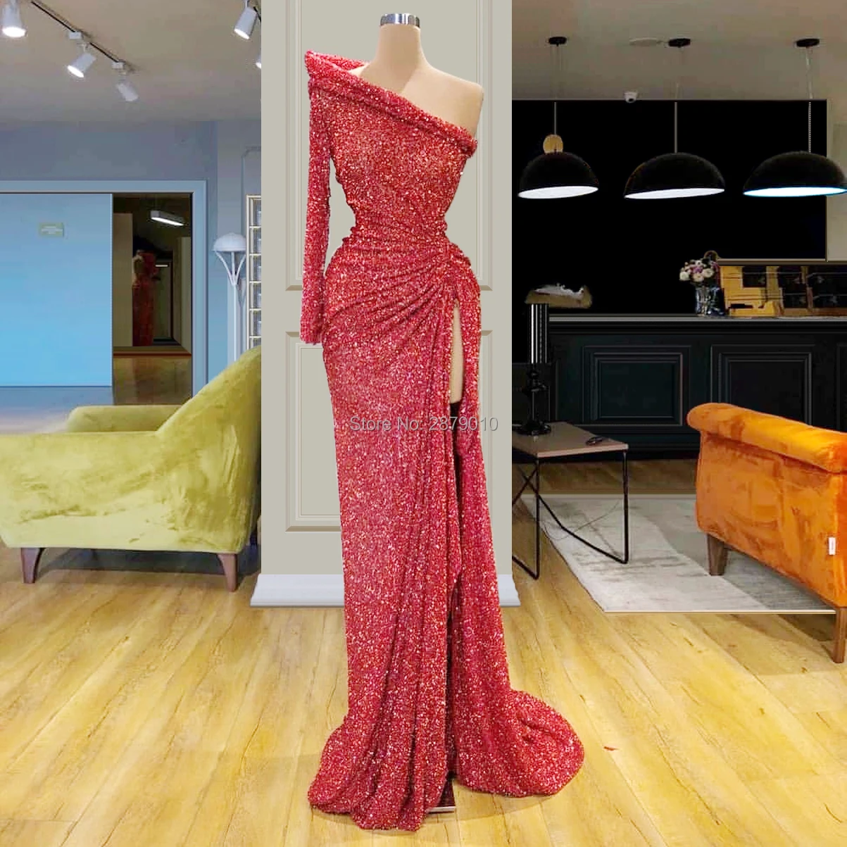 Kaftans Glitter Red Sheath Long Evening Dress Metal Spraying Full-length Prom Dress Slit Formal Dress Robe De Soiree Aibye Dubai