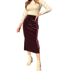Customizable Long Pencil Skirt for Women, Velvet, Mid-calf, Stretch, Black Slit, Plus Size,2024, XS-10XL