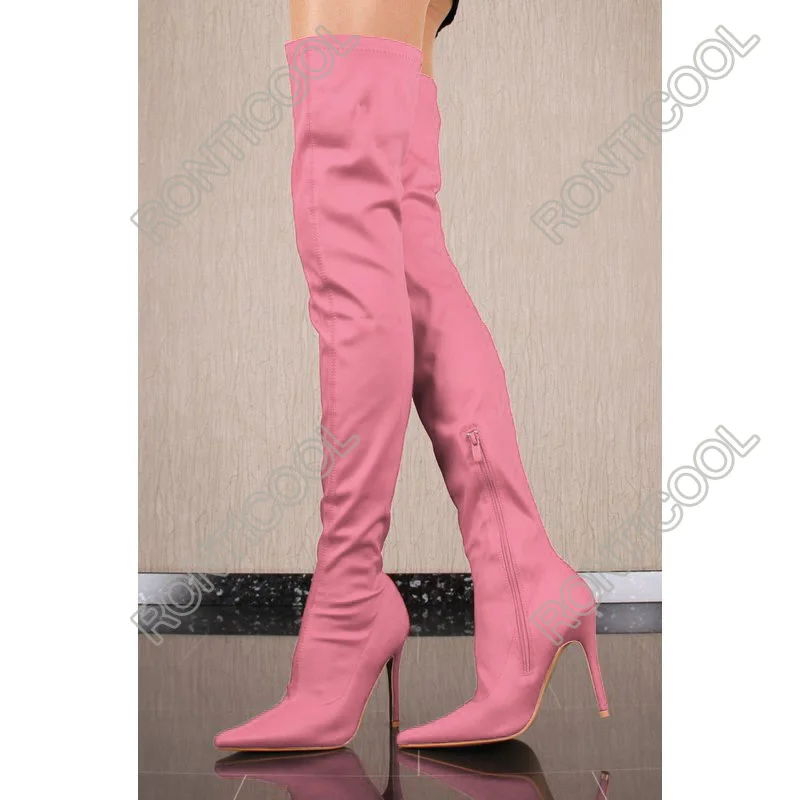 Ronticool New Women Spring Thigh Boots Satin Zipper Stiletto Heels Pointed Toe Adorable 10 Colors Party Shoes Women Us Size 5-15