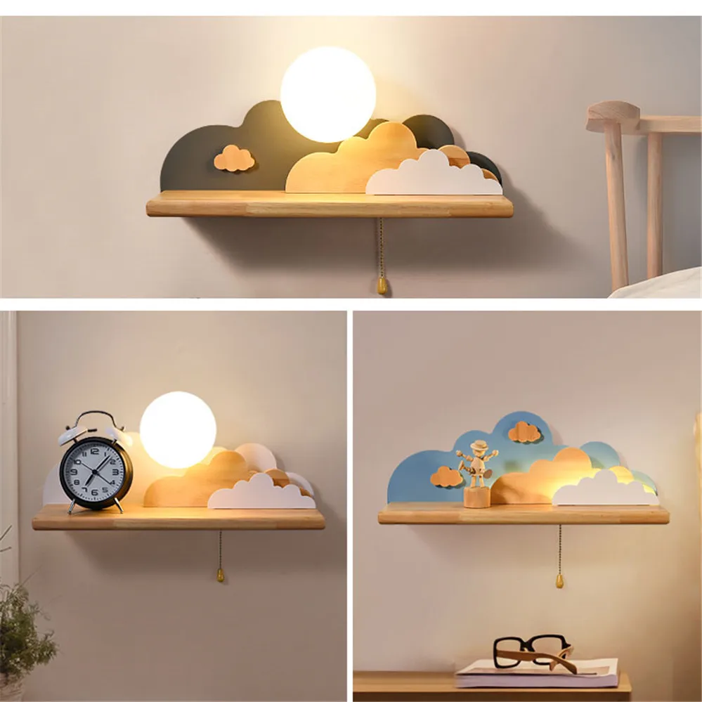 Creative Clouds Sun Wood Shelf Glass Led Wall Lamp With Pull Switch Children Bedroom Bedside Study Sconce Girls Light Fixtures