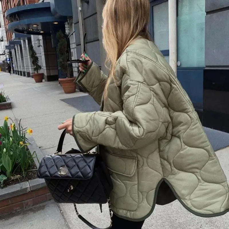 

Autumn Winter Women's Loose Jackets Thin Parka Oversize Coats Round Neck Outwear Female Coat Long Sleeve Cotton Clothing