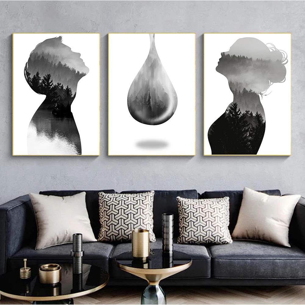 

Canvas Painting Abstract Wall Art Canvas Print Landscape Man Woman Forest Nordic Poster Black White Wall Picture Home Decorative