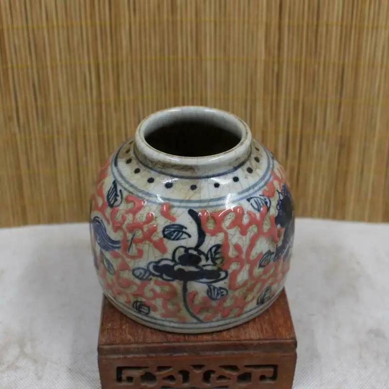 Chinese Blue and White Porcelain Pot Yuan Red Glaze Handpainted Kylin Design Jar