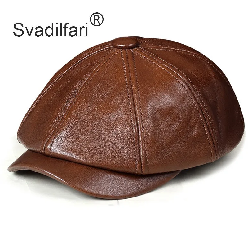 Retro Octagonal Genuine Leather Hat Autumn Men\'s Cowhide Leather Beret Elegant Fashion Student Tongue Cap Snapback Caps For Men