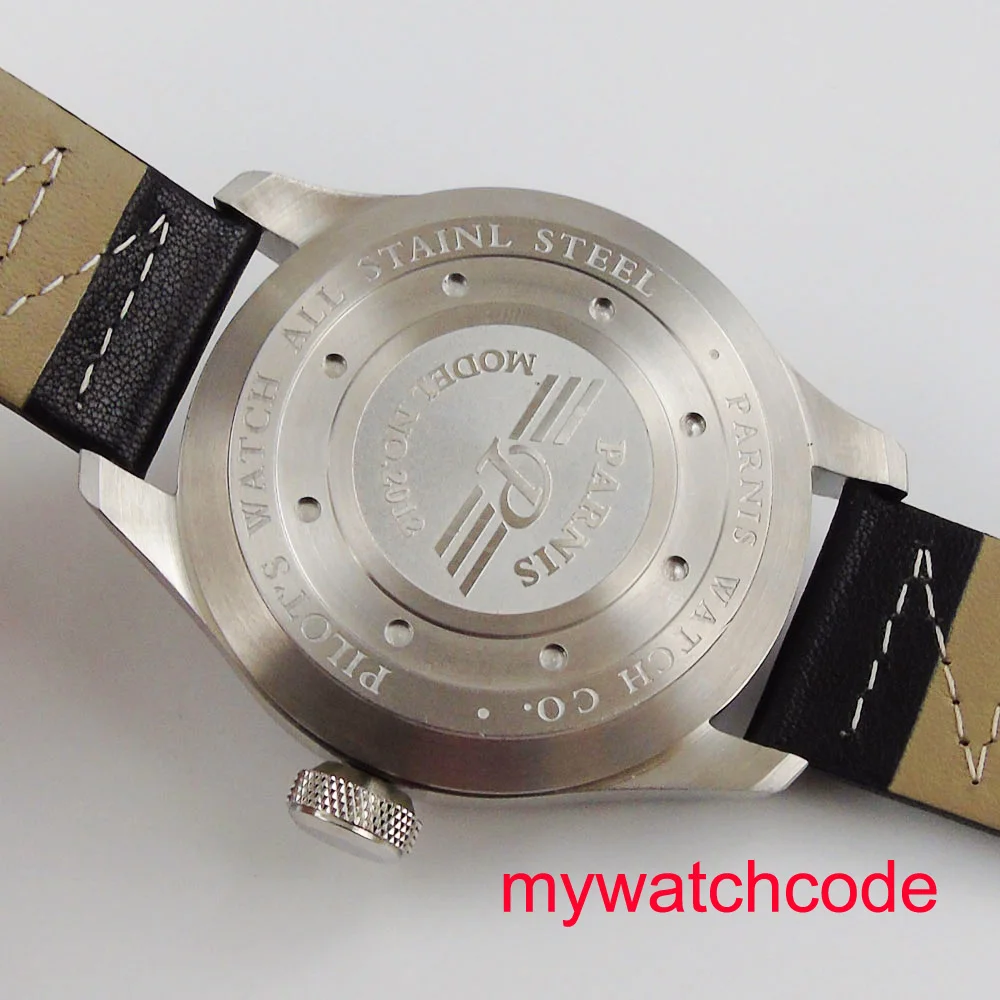 48mm Parnis 블랙 다이얼 가죽 스트랩, 파워 eserve 스테인레스 스틸 케이스, 항저우 자동 무브먼트, 남성용 시계