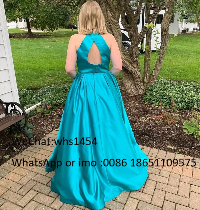 Mbcullyd Two Pieces Prom Dresses With Pocket Long Keyhole Backless Satin Evening  Pageant Drress Cute Turquoise robe de soiree