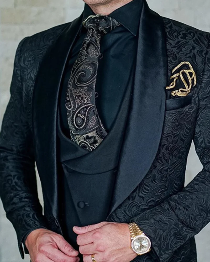 Trajes de novio negro para hombre, esmoquin de satén con solapa para novio, mejor hombre (chaqueta + Pantalones + chaleco + corbata)