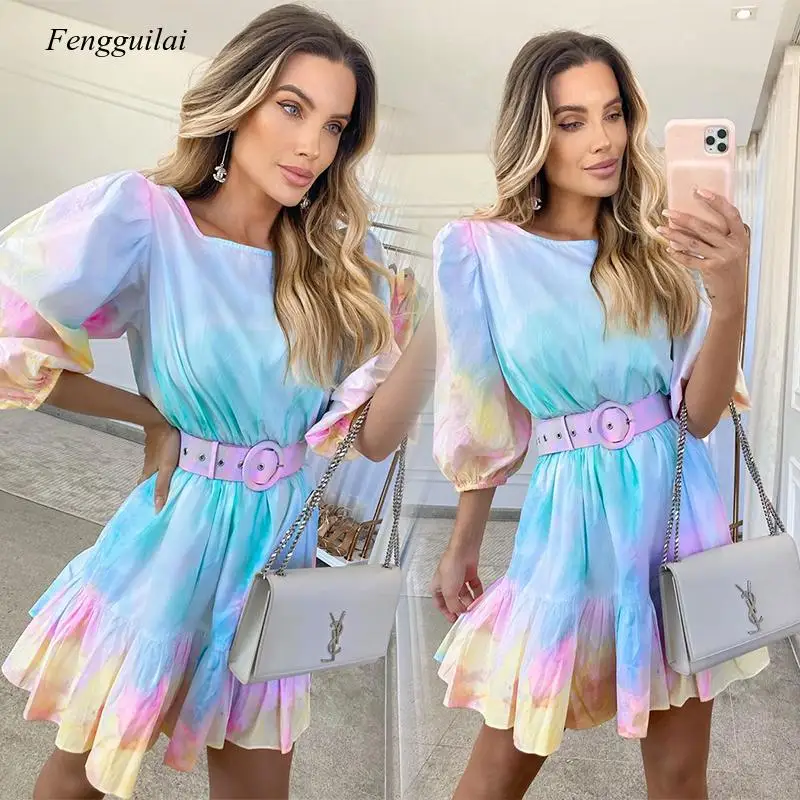 

Fashion Lady Casual Dresses O-Neck Tie Dye Long Ruffle Puff Sleeve Women Dress with Belt Nightclub Elegang Summer Vestido