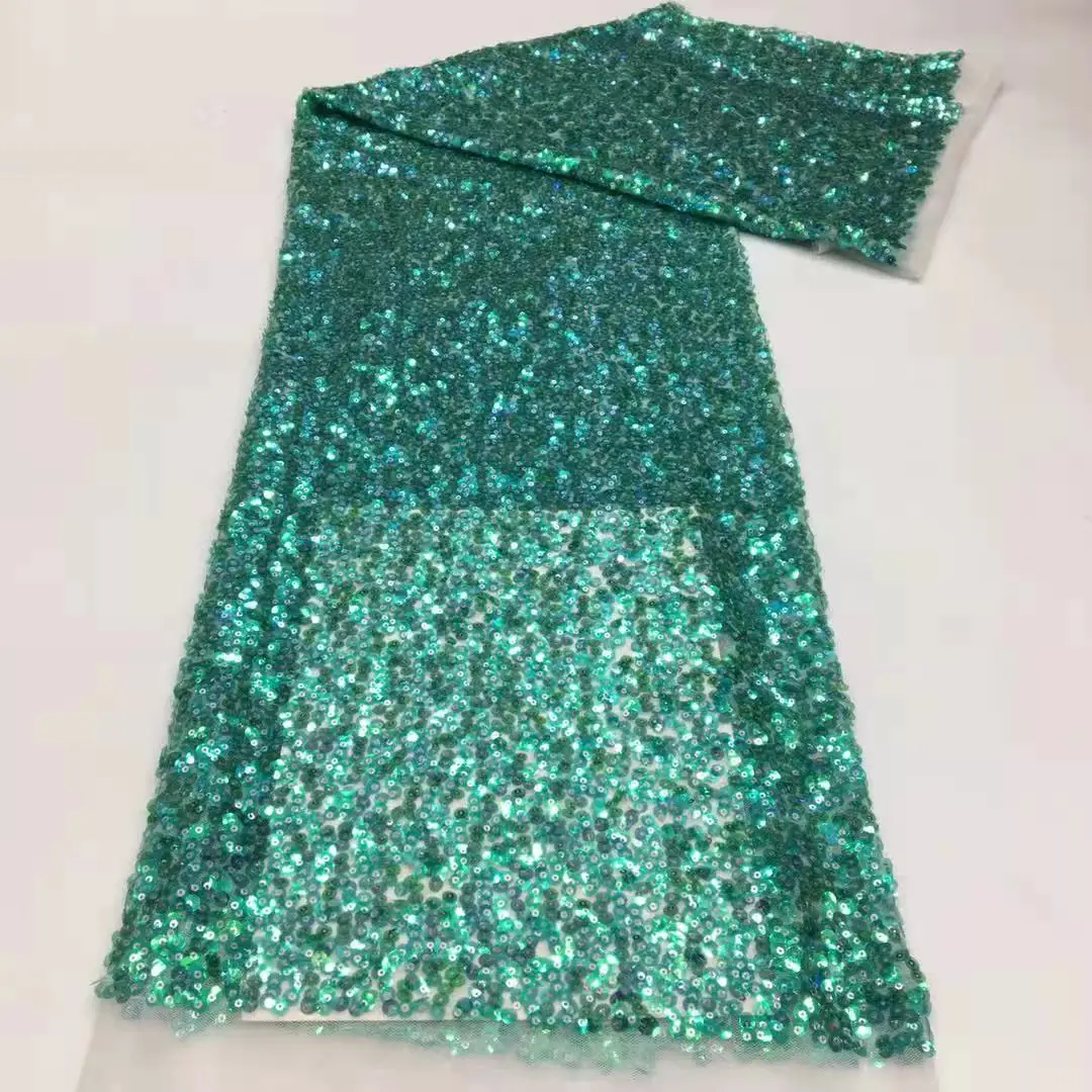 Shinny Material African Green Color Sequins  Net Lace Fabric Pretty Design JRB-20.5809 Embroidered Tulle Mesh for Party Dress