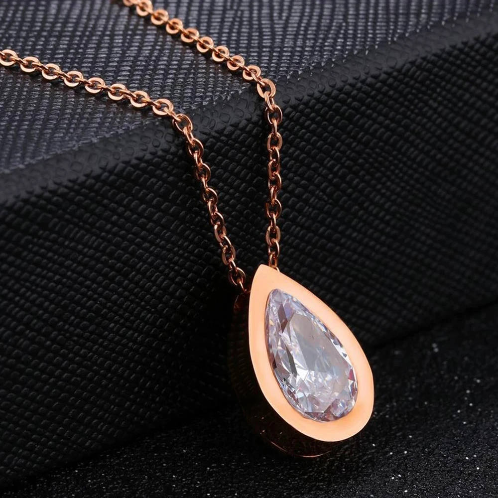 Austria Clear Tear Drop Crystals Necklace For Women Stainless Steel Rose Gold Color Pendants Fashion Girl Accessory Jewelry Gift