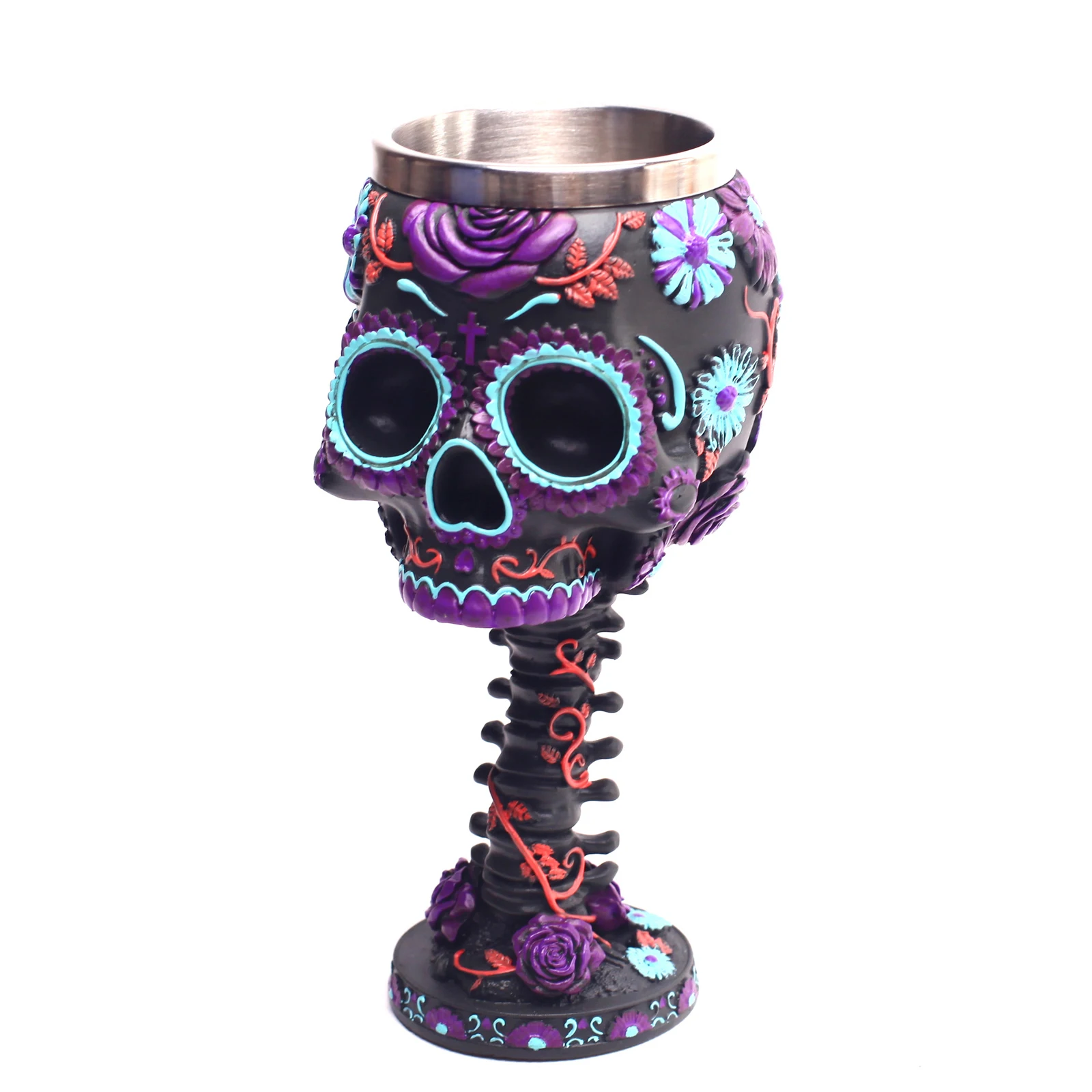 

Halloween Pattern Skull Wine Glass With Floral Plant Pattern 18x8CM Stainless Steel Party Cocktail Glass Collection Decoration