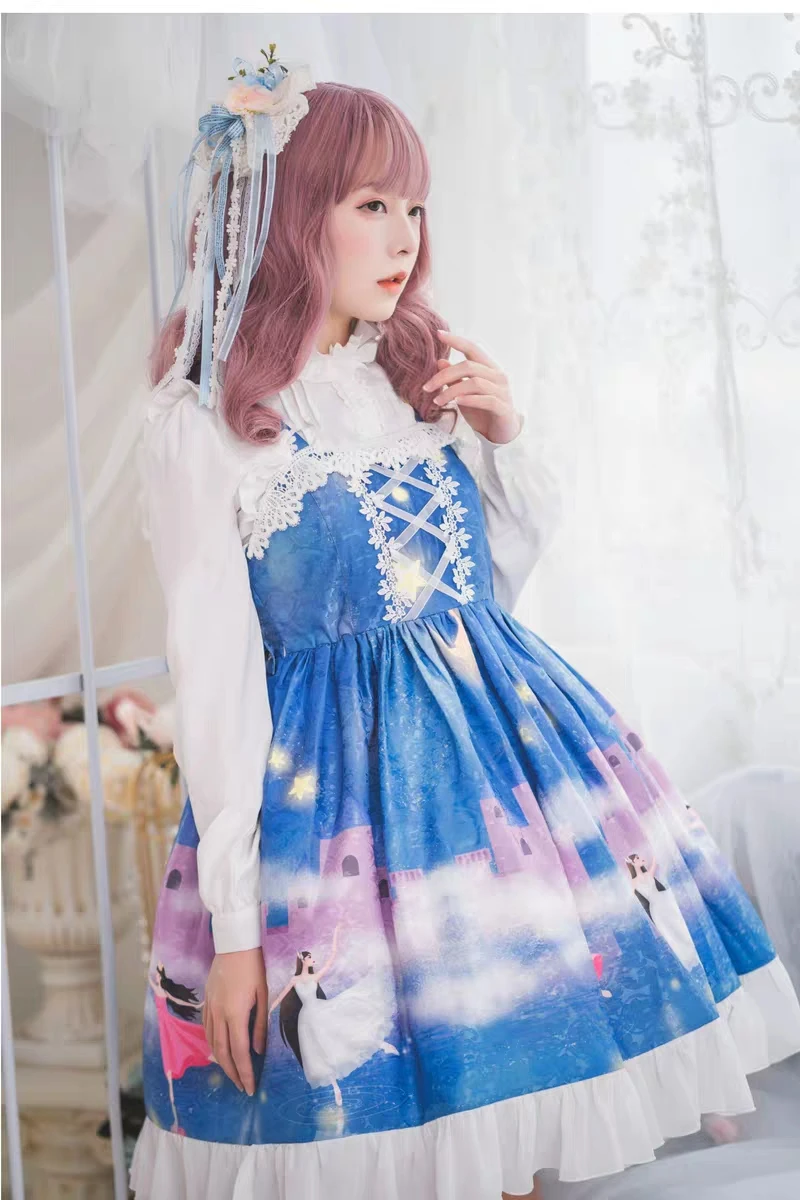 Japoński kawaii dziewczyna słodka sukienka lolita koronka w stylu vintage śliczny nadruk wysokiej talii sukienka w stylu wiktoriańskim loli cosplay gothic lolita jsk