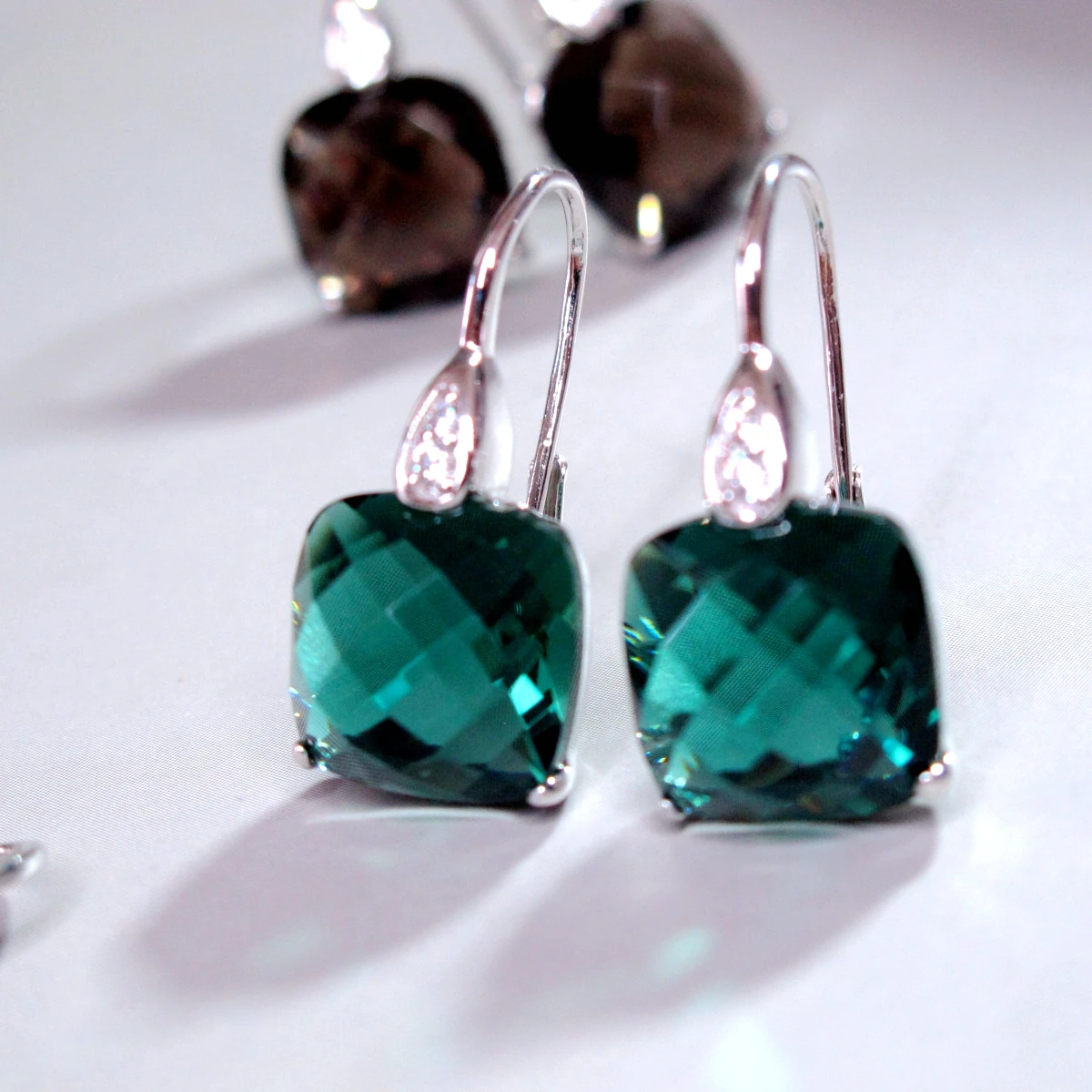 KQDANCE S925 Sterling Silver 12mm Lab Smoky Quartz Paraiba Tourmaline Morganite Emerald Gemstone Crystal Drop Earrings For Women