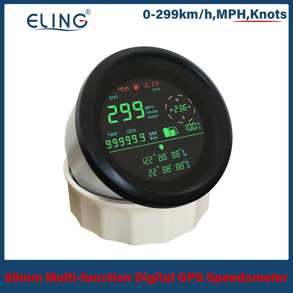 

ELING 85mm LCD Digital 0-299km/h MPH Knots GPS Speedometer Odometer Trip COG Voltage Fuel Gauge Waterproof for Boat Truck