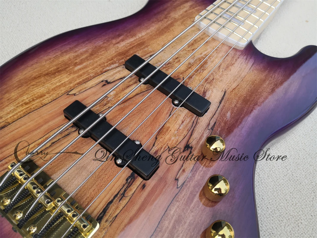 

5 strings purple bass, Spalted maple top solid wood body, golden bridge, maple fingerboard, SS pickup, active battery