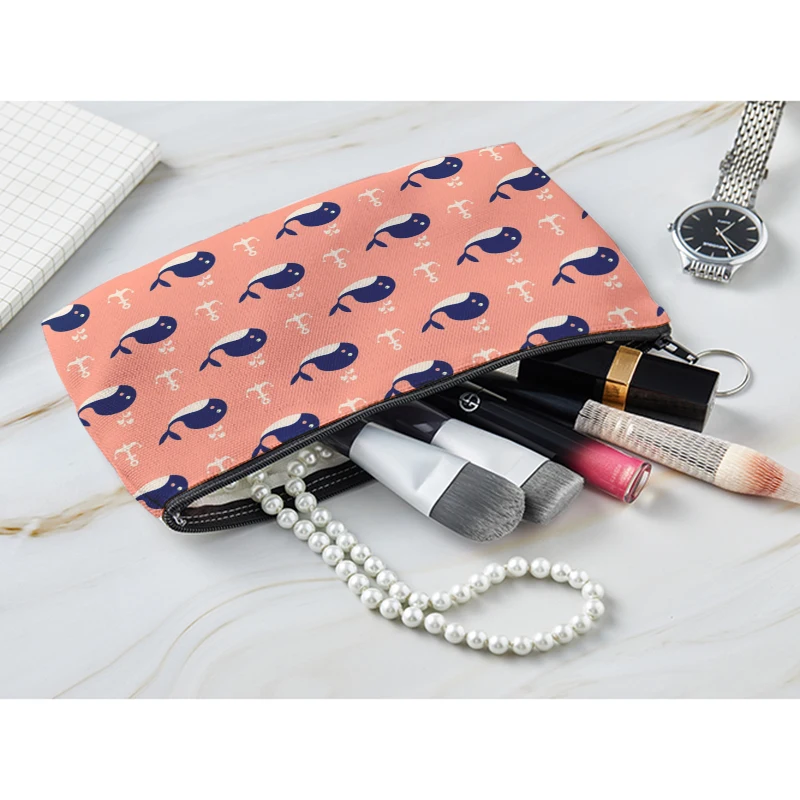 Cute Whale Printed Cosmetic Bag With Zipper Travel Makeup Organizer Bag Female Toiletry Bag Make Up Organizer