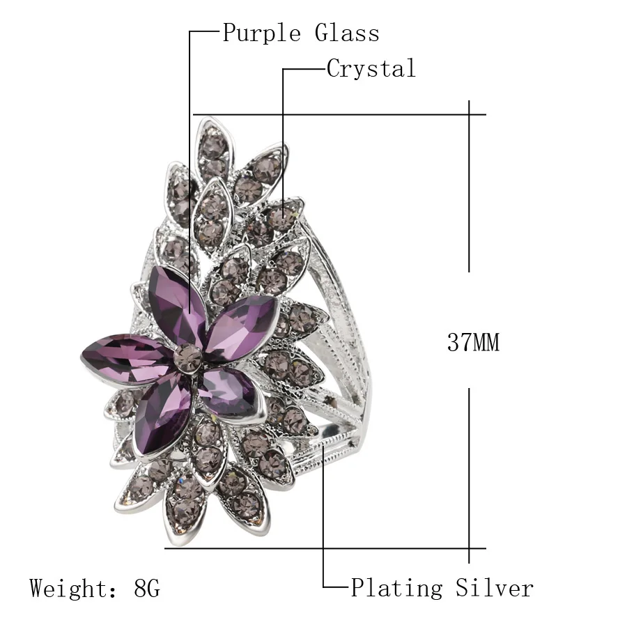 Kinel Fashion Crystal Flower Rings For Women AAA Purple Glass Tibetan Silver Wedding Finger Ring Fine Jewelry Bague