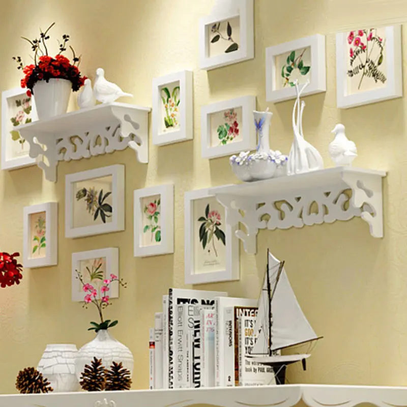 

European Carved Shelf Photo Wall, Creative Wood Frame, Fresh Natural Decorative Paintings, Mount Picture Frame, 13 Pcs Set