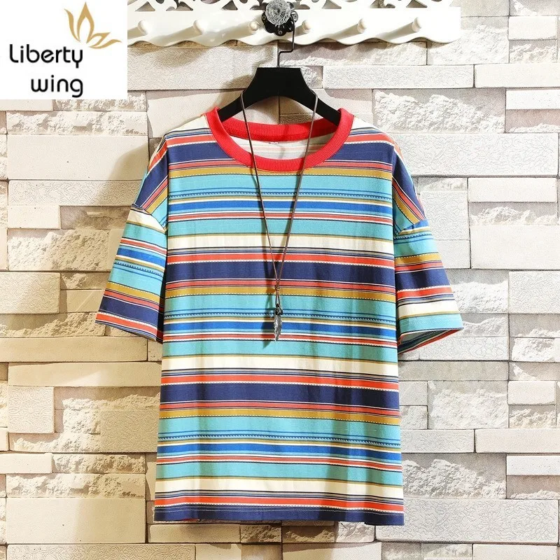 

Korean Striped Short Sleeve T-Shirts Men 2020 Summer Fashion O-Neck Large Size 4XL 5XL Tees Brand Soft Loose Tops Male Clothes