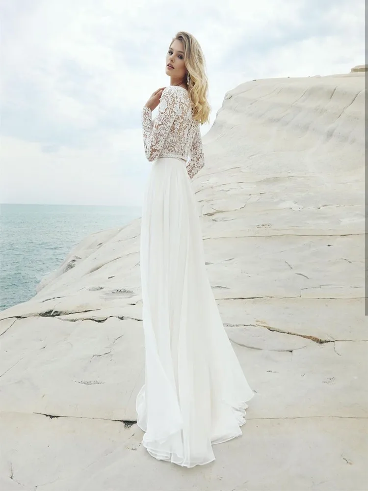 Elegant Beach Wedding Dress Lace Appliques Chiffon Stain Full Sleeves Tulle Cut-Out Design O-Neck Boho Bride Robe De Mariée