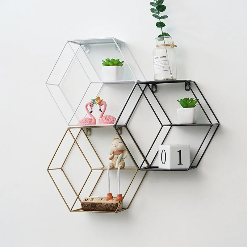 

Decorative Shelves Wall Mounted Floating Shelf Metal Wire Hexagon Storage Display Rack for Living Room Bedroom Office Home Decor